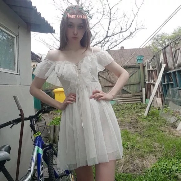 Lace dress Ruffle off shoulder womens lace up cream beige - Picture 10 of 14